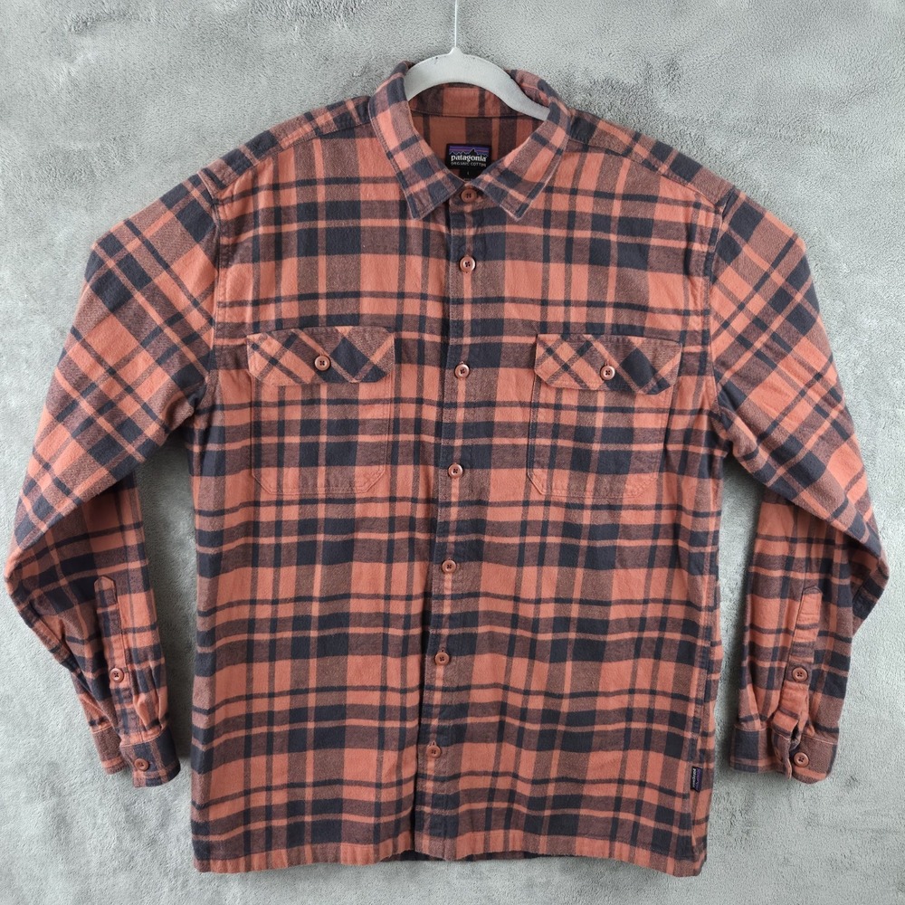 Patagonia Fjord Flannel Shirt Mens Large Orange Black Plaid Button Up